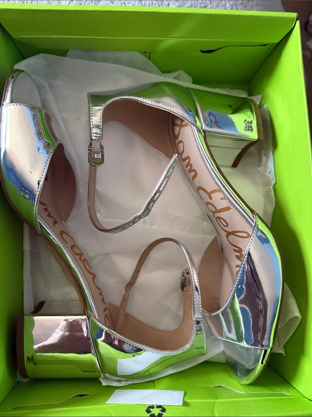Sam Edelman Silver Metallic Block Heel Sandals with Ankle Strap. Womens size 8